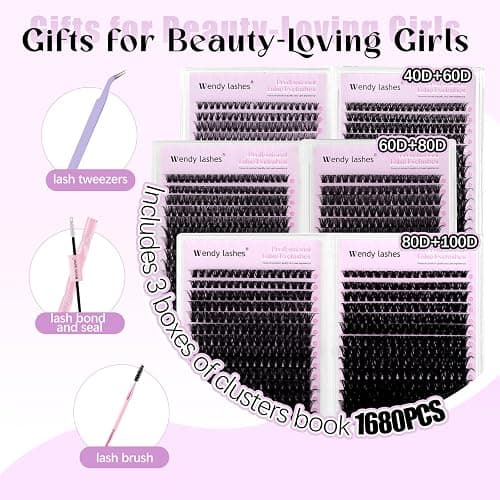 WENDY LASHES Clusters Kit 40D+60D+60D+80D+80D+100D 1680pcs Wispy Eyelash Clusters 10-18mm Natural DIY Lash Extension Kit D Curl for Beginners thumbnail 2