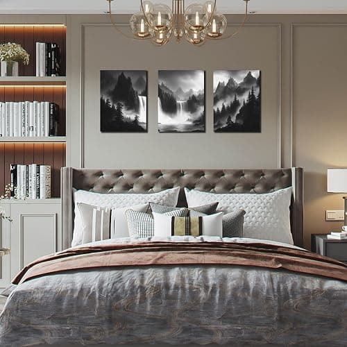 CIRABKY Foggy Forest Wall Art for Living Room - Mountains Canvas Wall Art for Office - Black and White 3 Piece Wall Decor Size 12" x 16" thumbnail 3