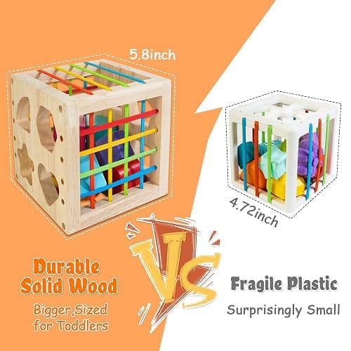 HELLOWOOD Montessori Toys for 1+ Year Old, Wooden Sorter Cube with 8pcs Rattling Shapes, Developmental Learning Toy Gifts for Baby Toddler Boys Girls, Gift Packaging thumbnail 2