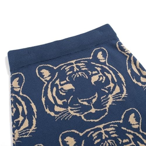 OXKnit Knittd Midi Skirts for Women, Mod Style Casual Retro Tiger Pattern High Waist A Line Cotton Blue Skirts thumbnail 3