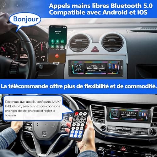 Autoradio Bluetooth RDS avec Port de Charge Type-C, Multi-éclairage Mode Lecteur,FM/AM 1DIN Autoradio 2 USB/MP3/AUX/carte SD/Réglages Audio DSP/EQ thumbnail 4