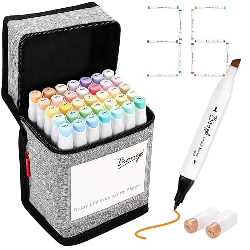 Bianyo 36 Pastel Colors Alcohol Markers Set, Dual Tip Fine and Chisel Art Markers Set with Black Travel Case with a Designable Card for Coloring, Sketching, Drawing, Outlining, Highlighting - Image 1