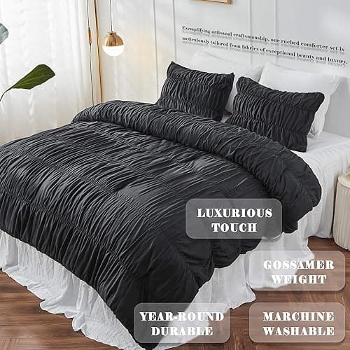Bonlino Queen Comforter Set - Black Boho Shabby Chic Bedding for Bedroom - Fluffy 3 Piece Ruffle Comforter Set with Pillow thumbnail 4