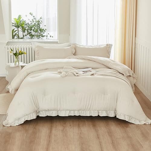 Litanika Queen Comforter Set Beige, 3 Pieces Ruffle Lightweight Bedding Comforter Set, Fluffy Bed Set (90x90In Comforter, 2 Pillowcases) thumbnail 3