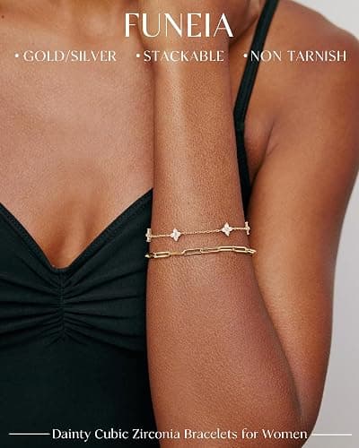 FUNEIA Dainty Silver Gold Bracelets for Women Trendy Non Tarnish 14K Gold Plated Waterproof Diamond Bracelets Cute Stackable Heart Butterfly Clover Cross Evil Eye Charm Bracelet Stack Jewelry Gifts thumbnail 7