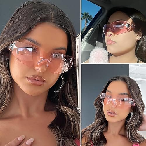 Haqptul Rimless Y2K Sunglasses Star Wrap Around Glasses 2000S Accessories for Women Men Trendy Fashion Cool Shield Shades thumbnail 3