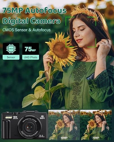 5K Digital Camera - WiFi 75MP UHD Cameras for Photography - Autofocus Vlogging Camera for YouTube with 18X Zoom 3" 180° Flip Screen - Video Cameras Compact Travel Camara with 32GB SD Card 2 Batteries thumbnail 2