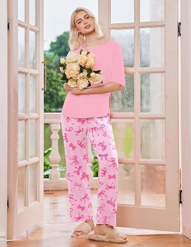 Ekouaer 2 Pack Womens Pajama Sets Short Sleeve Tops and Long Pants Casual Comfy Pjs Lounge Set with Pockets,S-XXL thumbnail 3