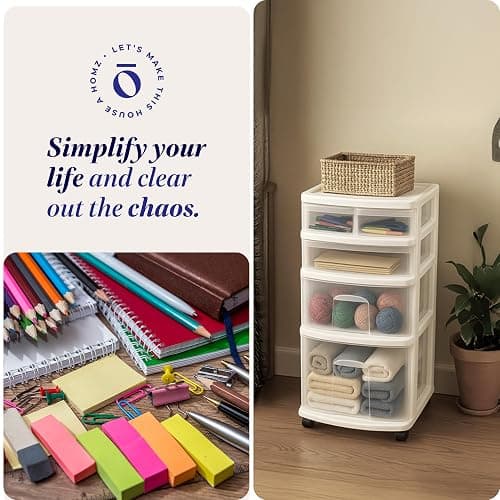 HOMZ Drawer Tower, 4-Tier Clear Plastic Storage Organizer Cart, White Frame – Rolling Containers with Wheels for Bathroom, Bedroom, Office, and Classroom Organization thumbnail 7