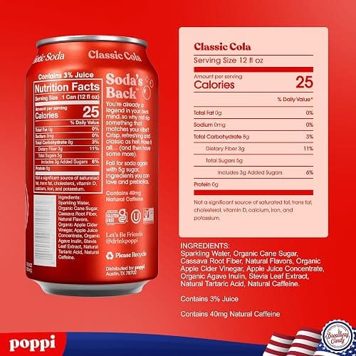 Broadway Candy Poppi Sparkling Prebiotic Soda Classic Cola Pack of 6 – Refreshing Carbonated Drink with Prebiotics for Gut Health – Naturally Flavoured Beverage with Clean Ingredients thumbnail 2