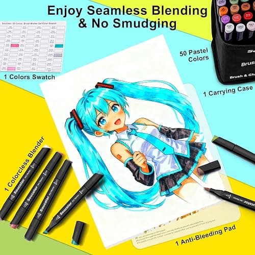Soucolor 51 Colors Alcohol Markers Brush Tip, Dual Tip Brush & Chisel Alcohol-Based Art Markers, 50 Colors+1 Blender Drawing Coloring Art Supplies for Kids Artists Adults Teen Girl Gifts Trendy Stuff thumbnail 2