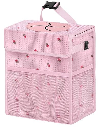 HORJONES Corduroy Car Trash Can with Lid and Mesh Pockets - Leakproof Organizer,Multipurpose Waterproof Garbage Can/Trash Bin for Car(Pink Base with Red Strawberry Print -2 Gallons) - Image 1