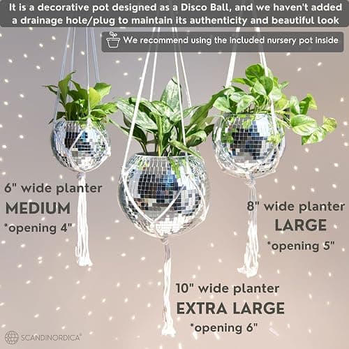 SCANDINORDICA Disco Ball Planter – Value Package: Disco Planter with Chain, Macrame Hanger and Acrylic Stand, Includes Self Watering Insert, Preppy Room Decor, Funky Decor | 8 inch Silver thumbnail 5
