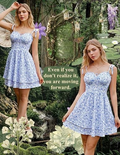 Scarlet Darkness Floral Mini Dress for Women Corset Graduation Sundress | Sleeveless milkmaid sweetheart neckline, adjustable tie straps, cinched waist, summer dresses for Homecoming with pockets thumbnail 3