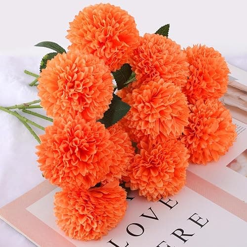 Hananona 12 Pcs Artificial Chrysanthemums Flowers Marigolds Ball Flower, Orange Fake Mums Silk Fall Flowers for Autumn Dia de Los Muertos Home Decor Day of The Dead Table Centerpiece (12, Orange) thumbnail 8