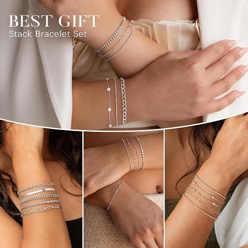 Yoosteel Silver-Plated Bracelets for Women - Dainty Silver-Plated Bracelets Set for Women Trendy Minimalist Simple Layered Bracelet Stack Waterproof Trendy Jewelry Gifts for Women thumbnail 4