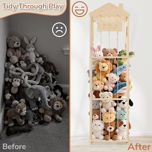 AMBIRD Stuffed Animal Storage, Wood Stuffed Animal Zoo Holder, Large Kids Toy Organizers, Plushies Storage for Boys Girls Bedroom, Playroom, Nursery (15.75 x 15.75 x 55 inch) thumbnail 5