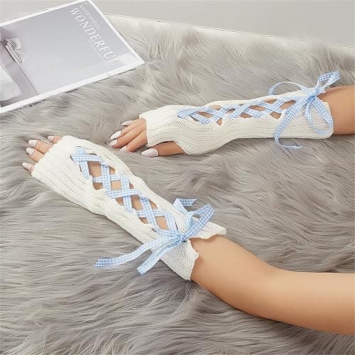 Instobig Women's Fairy Lace-up Fingerless Arm Warmers - Bow Thumb Hole Gloves, Goth Forearm Arm Sleeves Opera Dance thumbnail 5