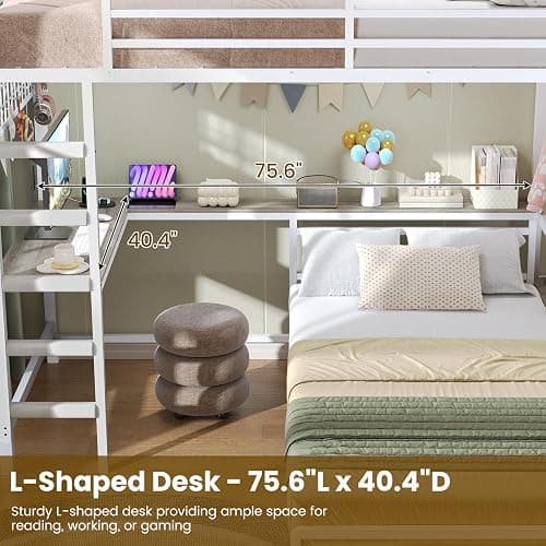 Bunk Bed Twin Over Twin with Desk, LED Lights and Hall Tree, L-Shaped Bunk Bed with Charging Station, 5 Storage Drawers, Twin Bunk Beds with 13.4"H Guardrail & Stairs, No Box Spring Needed, White thumbnail 4