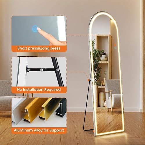 Sweetcrispy Arched Full Length Mirror with LED Lights, 61"x17" Lighted Floor Mirror with Dimming & 3 Color Lighting, Stand for Bedroom, Dressing Room thumbnail 7