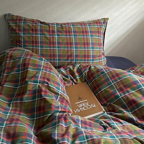 MKXI Buffalo Plaid Duvet Cover Set 3 Piece Vintage Bedding in Kelly Green, Navy & Red | 100% Washed Cotton Reversible Design with Zipper Closure & Corner Ties,Shabby Chic Aesthetic for Full thumbnail 5