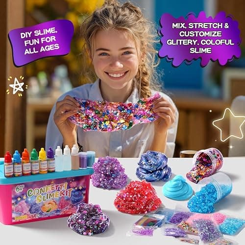 pokujyrt Confetti Slime Kit, Sparkling Slime Making Kit, DIY Craft Set with Clear Glue, Colors, and Decorations, Ages 6+ thumbnail 2