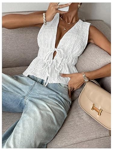 MakeMeChic Women's Tie Front Tank Top Sleeveless Ruffle Hem Crop Going Out Tops thumbnail 4