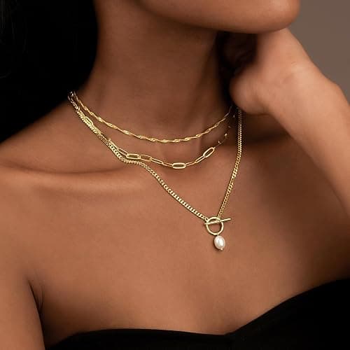 Poxtex Layered Gold Necklaces for Women,Stackable Dainty 14K Gold Silver Plated Trendy Circle Paperclip Chain Pendant Choker Necklace,Simpl Diamond Cross Bow Jewelry Set Gifts for Women thumbnail 5
