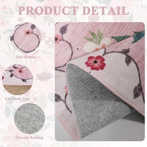 DUKINO 2x6 Kitchen Runner Rug for Hallway, Washable Runner Rug with Non Slip Backing, Low Pile Soft Boho Floral Carpet for Girls Room, Kitchen, Entryway, Laundry, Bedroom, Pink thumbnail 6