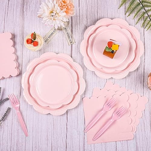 Houuqe 96 Pcs Pink Paper Plates and Napkins Set Party Supplies, Tableware set for 24 Guest include Disposable Pink Scalloped Plates, Napkins and Forks for Baby Shower Bridal Shower Wedding thumbnail 4
