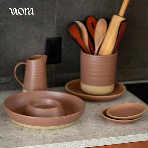 Mora Ceramic Chips and Dip Serving Tray: Large Divided Party Bowl Set for Chips & Salsa, Veggies & Dip, Fruit, Snacks, Entertaining, Hosting, etc. Minimalist Design for the Modern Hostess - Terracotta thumbnail 3