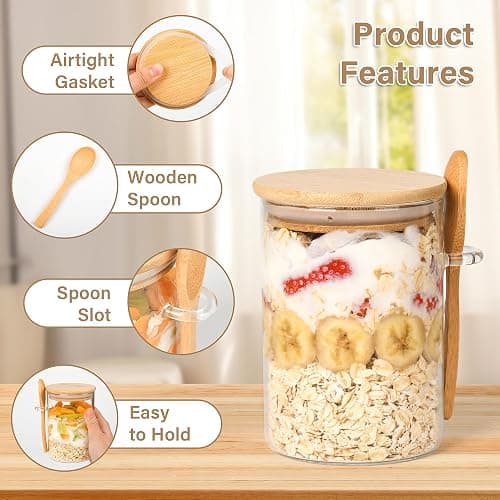 Overnight Oats Containers with Lids,4 Pack 18oz Overnight Oats Jars with Spoons,Salad Meal Prep Jar with Bamboo Lids for Chia Seed Pudding Salad Cereal Coffee Flour,Sourdough Starter Jar for Bread thumbnail 4