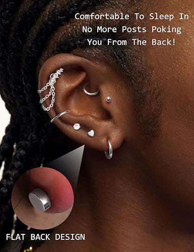 Chriscoco 33Pcs Stainless Steel Cartilage Earrings for Women Flat Back Stud Earrings Helix Earring Small Hoop Chain Earrings Hypoallergenic CZ Opal Star Heart Snake Tragus Conch Helix Piercing Jewelry thumbnail 5