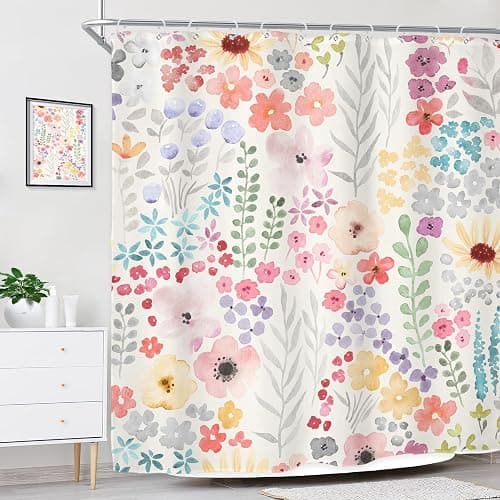 Riyidecor Colorful Cute Floral Shower Curtain for Bathroom Decor 60Wx72H Watercolor Flower Plants Botanical Kids Funny Multicolor Art Printed Fabric Polyester Waterproof 12 Pack Plastic Hook thumbnail 4