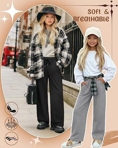 LessonZoo 3 Pack Girls' Sweatpants Wide Leg Drawstring Casual Kids Joggers Open Bottom Loose Solid Teen Pants with Pockets thumbnail 5