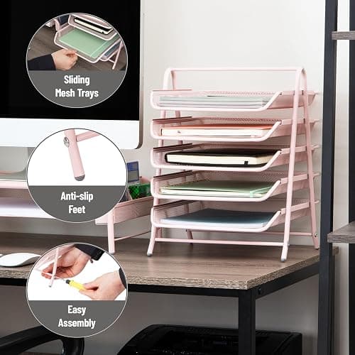 Mind Reader 5-Tier Paper Tray Organizer, Vertical Desktop File Storage Rack, Office, Metal Mesh, Pink thumbnail 4