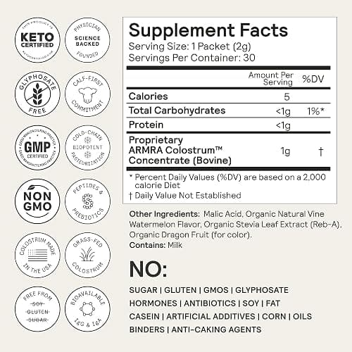 ARMRA Colostrum Powder | Vine Watermelon | Gut Health & Bloating | Skin & Hair | Immunity | Keto, Gluten & Fat-Free | 30 Servings thumbnail 7