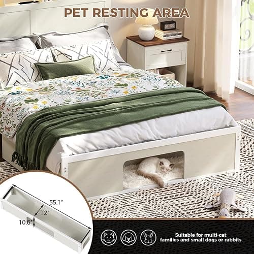 FUNKOCO Farmhouse Bedroom Set, Full Wood Bed Frame & Nightstands Set of 2 | 3-Piece Bed Frame with Cat & Dog Bed, Storage Headboard and 2 Drawers, LED Lights & Charging Station, No Box Spring Needed thumbnail 5