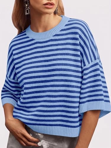 Saodimallsu Womens Short Sleeve Sweater Summer Striped Oversized Sweaters Casual Crewneck Lightweight Knit Tops thumbnail 2