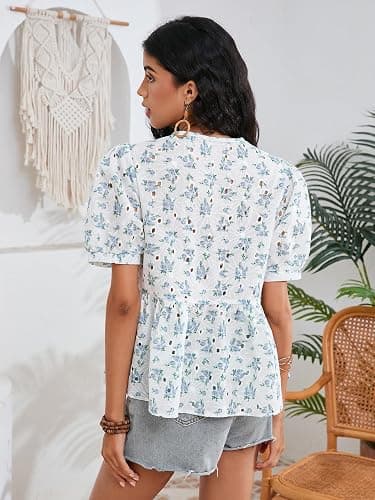 WDIRARA Women's Floral Print Bow Tie Front Blouse Puff Short Sleeve Round Neck Peplum Babydoll Shirt thumbnail 2