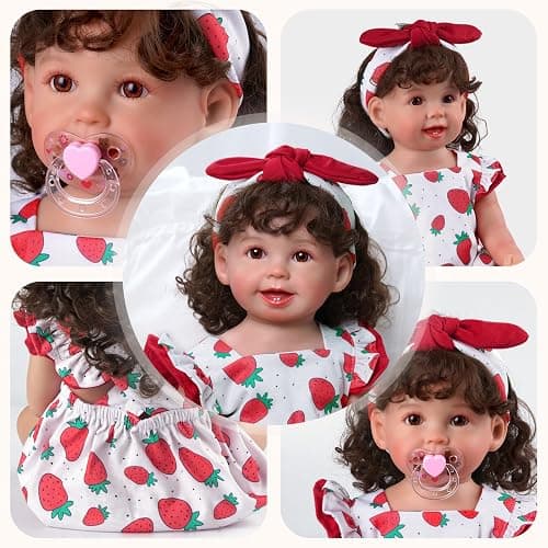 BABESIDE 3Pcs Reborn Baby Doll Clothes for 17- 22 Inch Dolls, Strawberries Baby Doll Clothes Outfits fit Reborn Baby Dolls, Baby Doll Accessories with Magnetic Pacifier for Newborn Baby Doll Girl - Strawberries pattern thumbnail 8