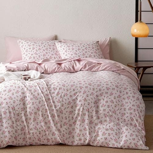 Wake In Cloud - Coquette Duvet Cover Set, Floral Cottagecore Flower Shabby Chic Cute Aesthetic, Soft Lightweight Bedding for Women Teen Girls, 3-Piece, Pink, Full Size thumbnail 2
