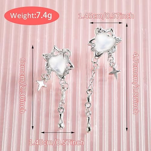 Mabor Ohrringe Herz Silber Herzform Creolen Asymmetrische Ohrringe mit Stern Wassertropfen Anhänger Aesthetic Stud Earring für Teenager Mädchen Frauen Kettenohrringe thumbnail 5