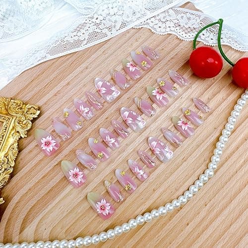 30Pcs Shiny Pink Press on Nails Medium Almond Fake Nails with Gold Beads 3D Flowers Designs Spring Acrylic Nails Peach Blossoms False Nail Gradient Pink Flower Full Cover Stick on Nails for Women thumbnail 5