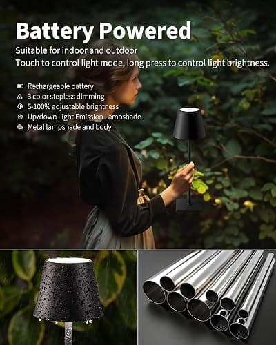 KDG Cordless Table Lamp, Portable LED Desk Lamp, 5000mAh Battery Operated, 3 Color Stepless Dimming Up, for Restaurant/Bedroom/Bars/Outdoor Party/Camping/Coffee Shop Atmosphere Night Light(Black) thumbnail 4
