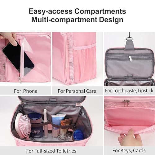 F-color Shower Caddy Portable for College Dorm Essentials - Large Hanging Sturdy Handle Toiletry Tote Bag with Hook, Multiple Pockets, Quick Dry Organizer for Camping, Travel, Gym, Pink thumbnail 5