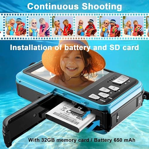 Underwater Camera 2.7K Waterproof Camera with 32GB Card 48MP Autofocus Selfie Dual-Screen Cameras for Snorkeling Compact Digital Camera 1250mAh Battery (Blue) thumbnail 6