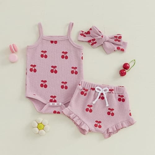 Kaipiclos Cherry Baby Outfit Newborn Infant Girl Clothes Rib Knit Romper & Shorts Waffled Baby Clothes for Girls 0 3 6 12 18M thumbnail 4