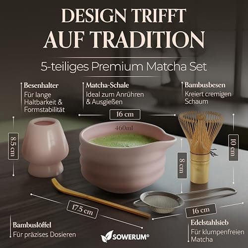 Matcha Set Rosa 5-teilig [TESTSIEGER] Schale mit Ausgießer und extra robustem Matchabesen Macha Tea Set für Starter aus Keramik, Matcha Besen, Bambus Löffel, Chasen,Whisk, Matcha Bowl, Matchaset thumbnail 2