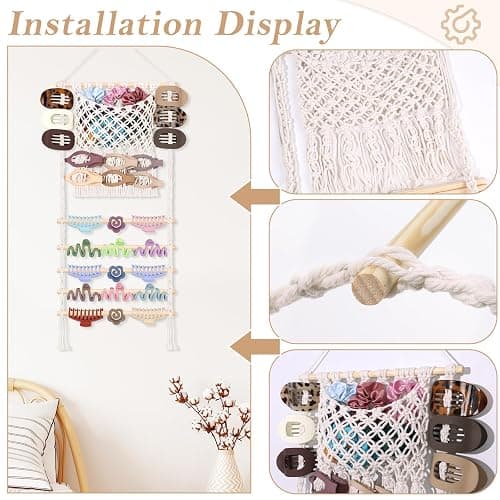 SNOWSTAR Macrame Hair Claw Clip Organizer,Large Capacity Mesh Bag Scrunchies Holder and Hair Ties Organizer for Women Girls,Hair Accessorie Hanging Storage Home Decor Wall,Door thumbnail 4